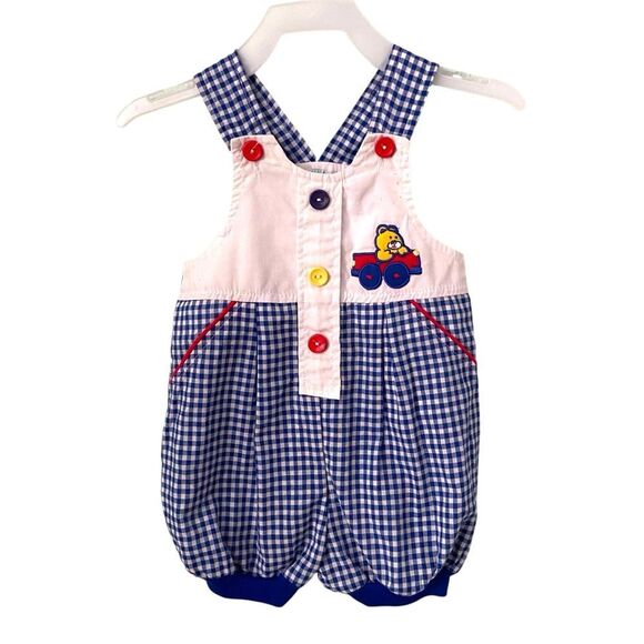 Vintage Small Steps Blue & White Checkered Kids Overalls with Bear Size 6/9 Mos - Picture 1 of 8